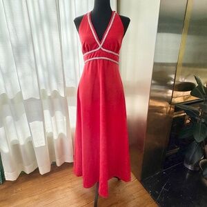Vintage 60s halter dress, red with silver trim, open back, modern size 0/2 (XS)